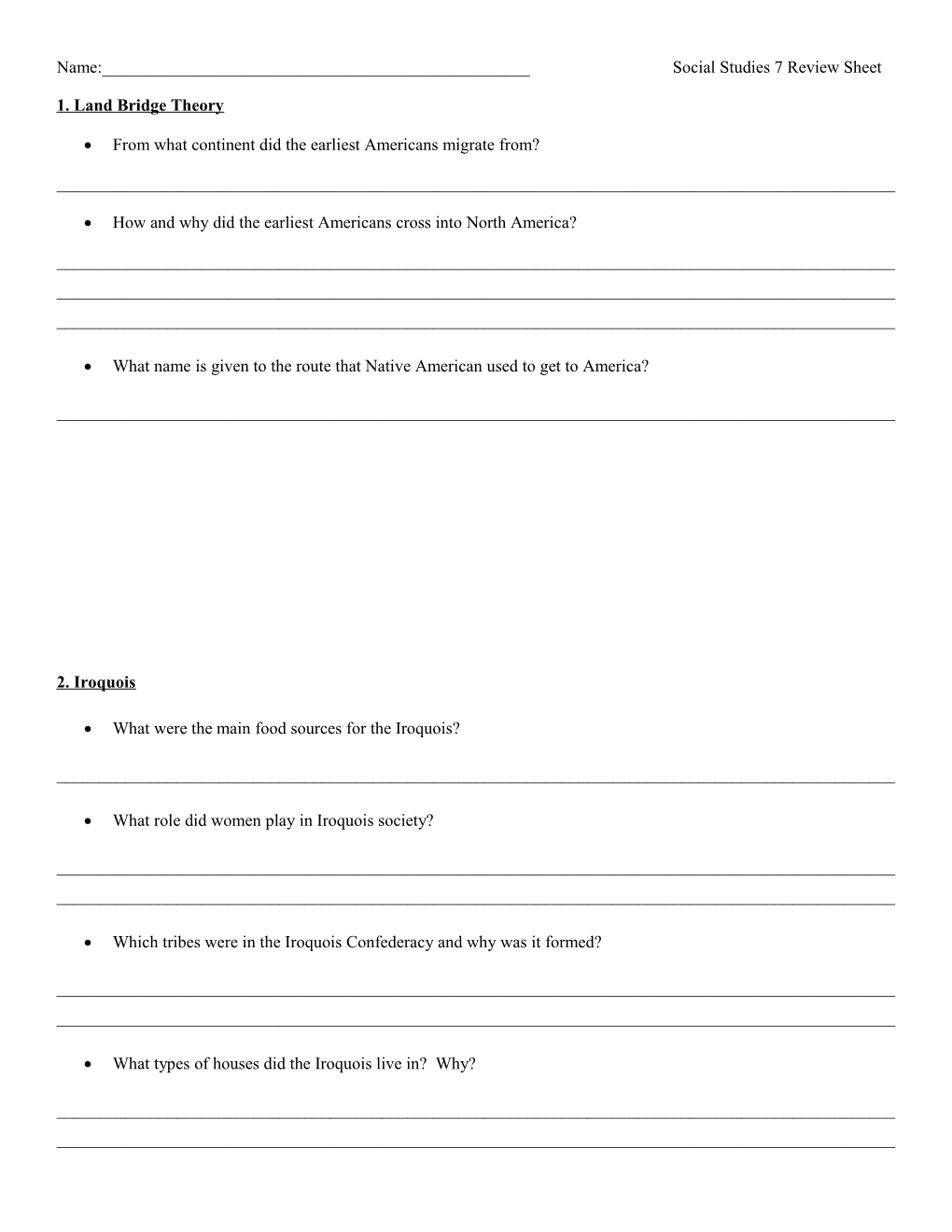 Name:______Social Studies 7 Review Sheet