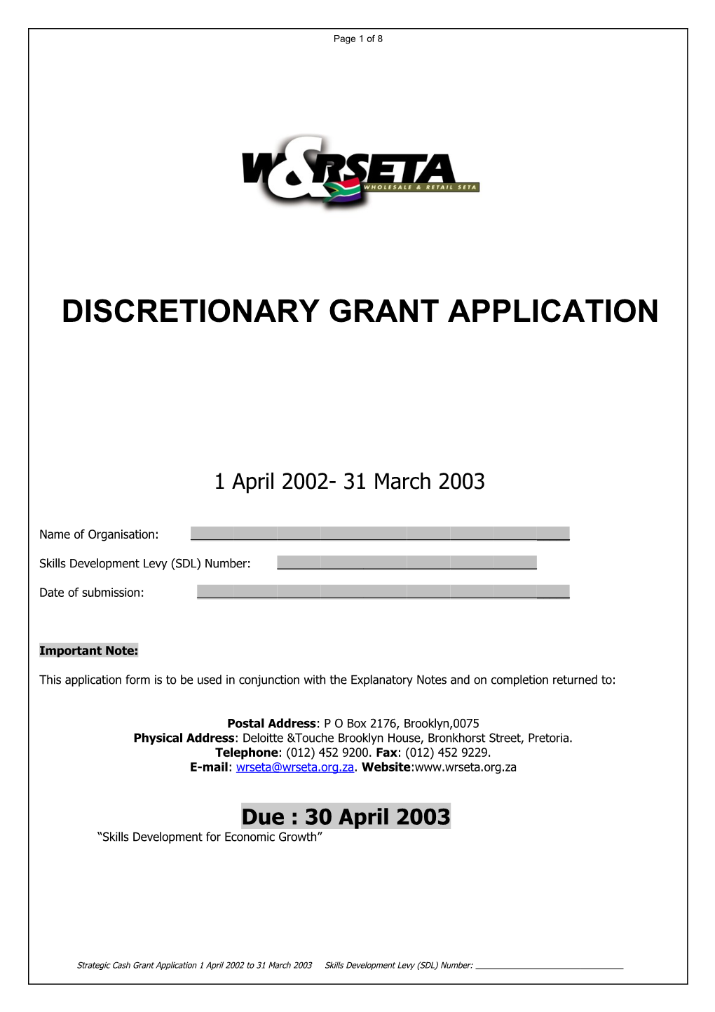 Discretionary Grant Application