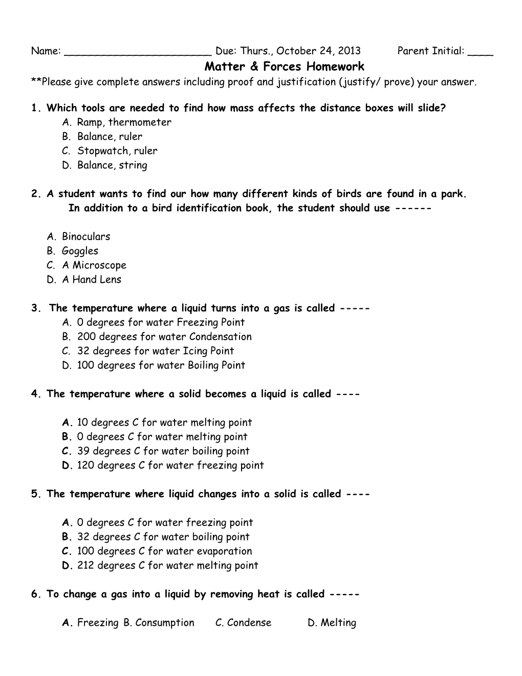 Matter & Forces Homework