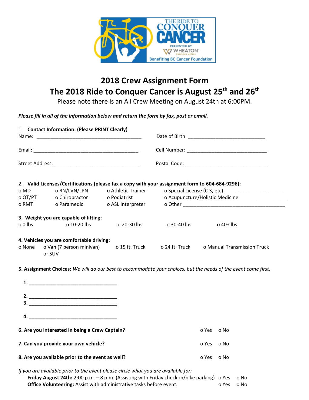 2018 Crew Assignment Form