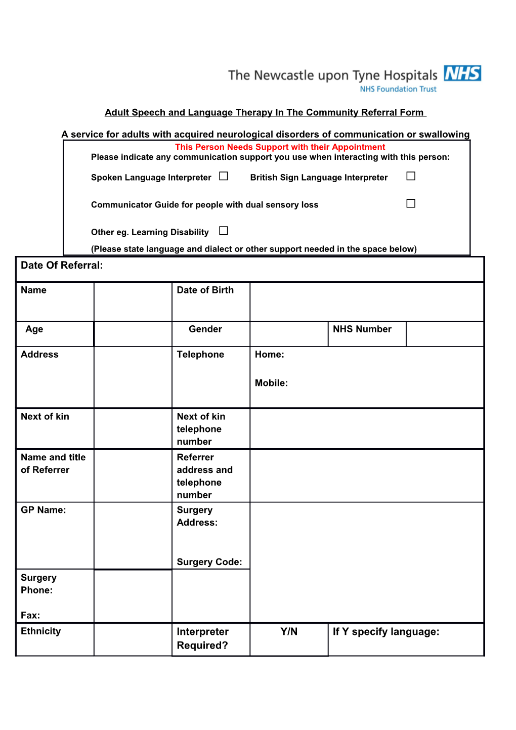 Adult Speech and Language Therapy in the Community Referral Form