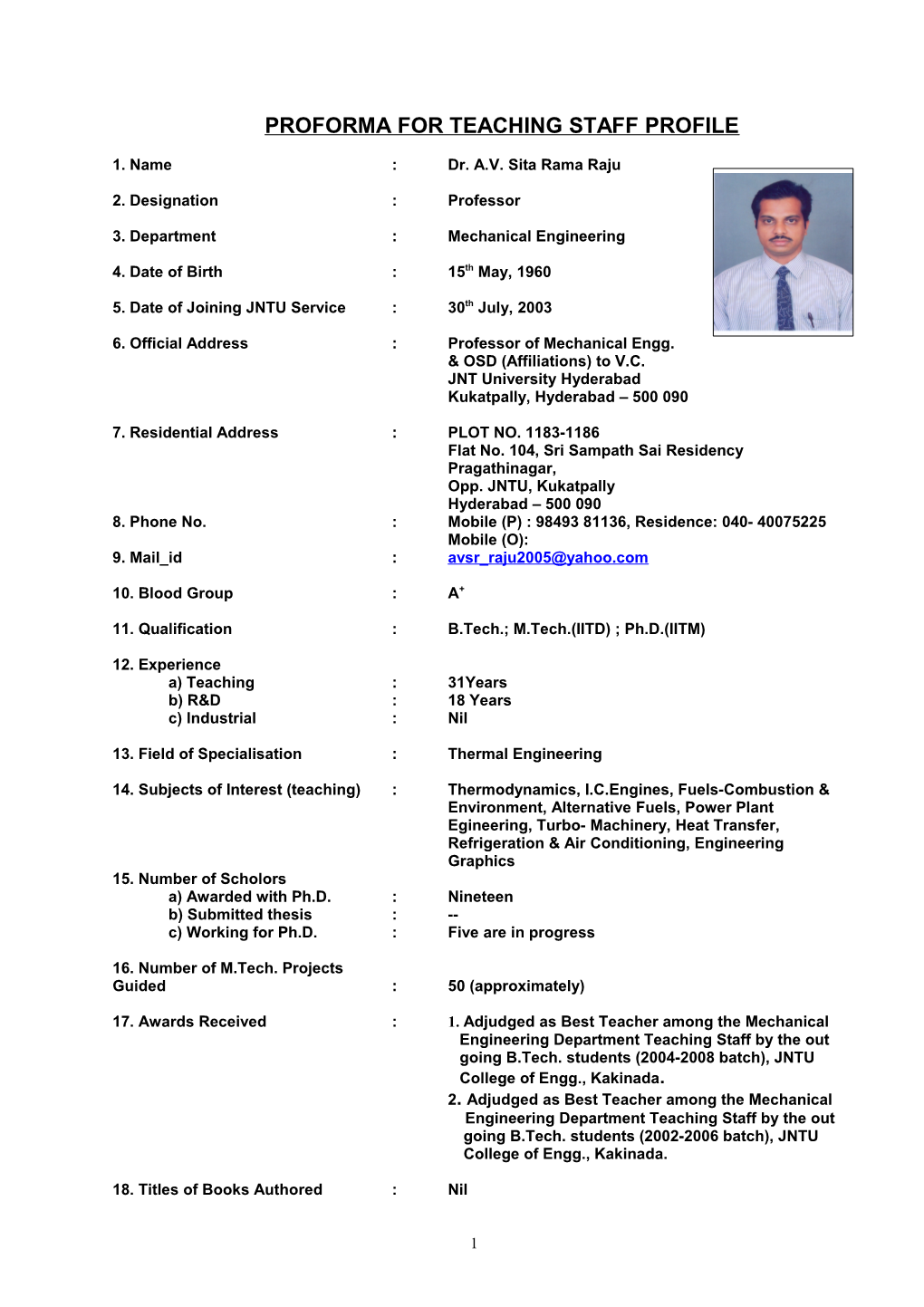 Proforma for Teaching Staff Profile