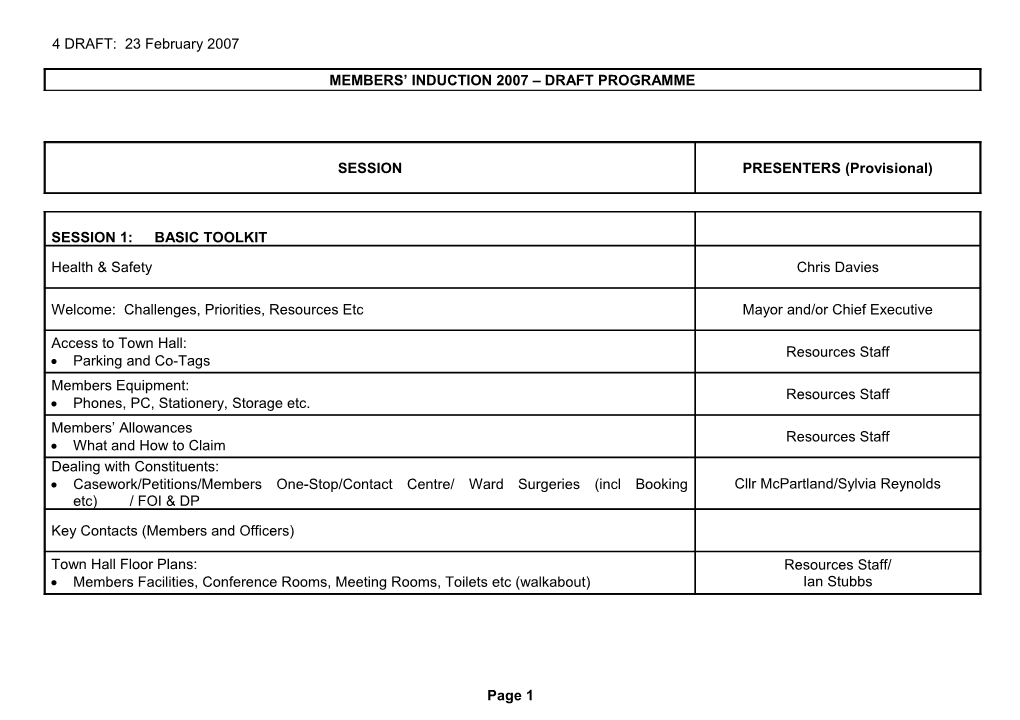 Members Induction 2007 Draft Programme