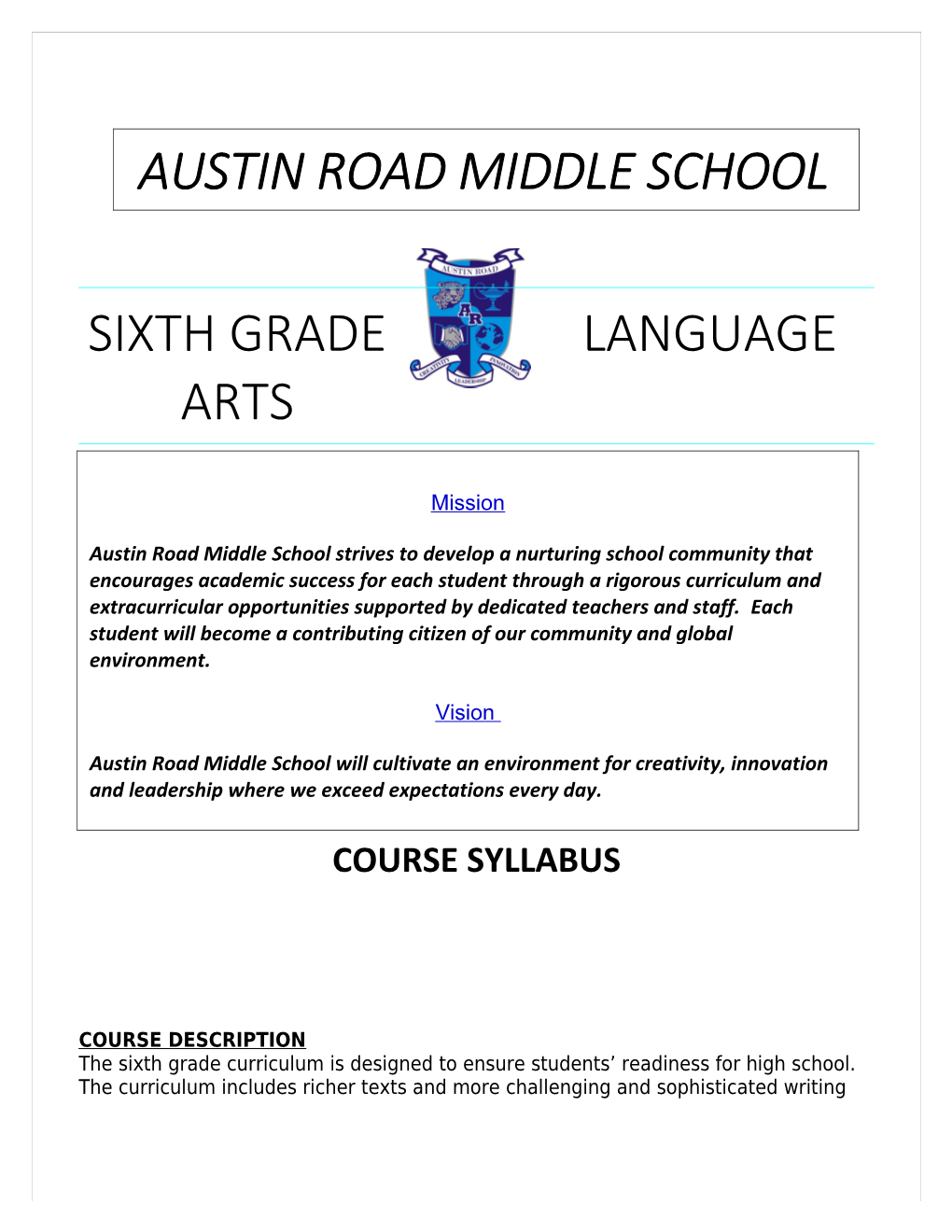 Seventh Grade English Language Arts Course Syllabus