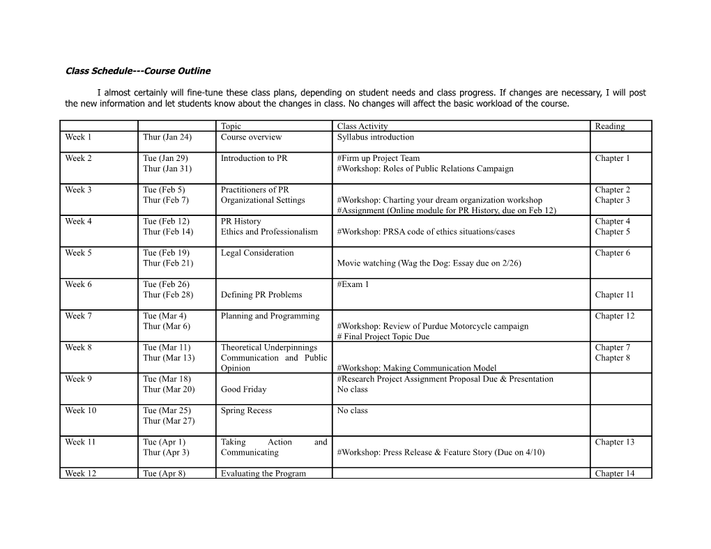 Class Schedule Course Outline