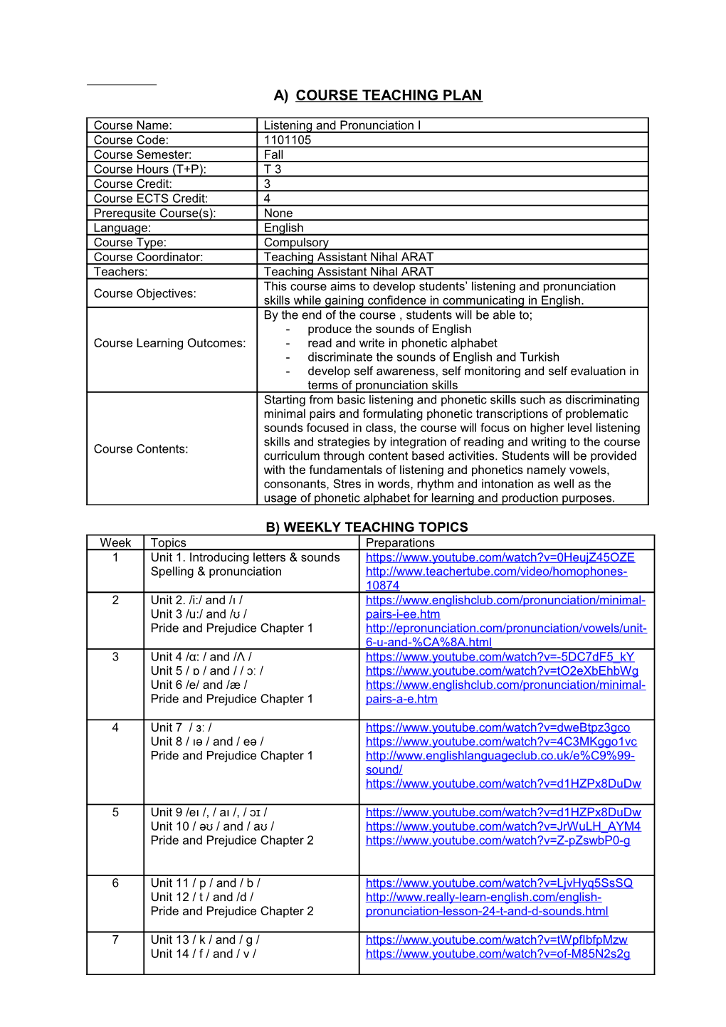 A) Course Teaching Plan