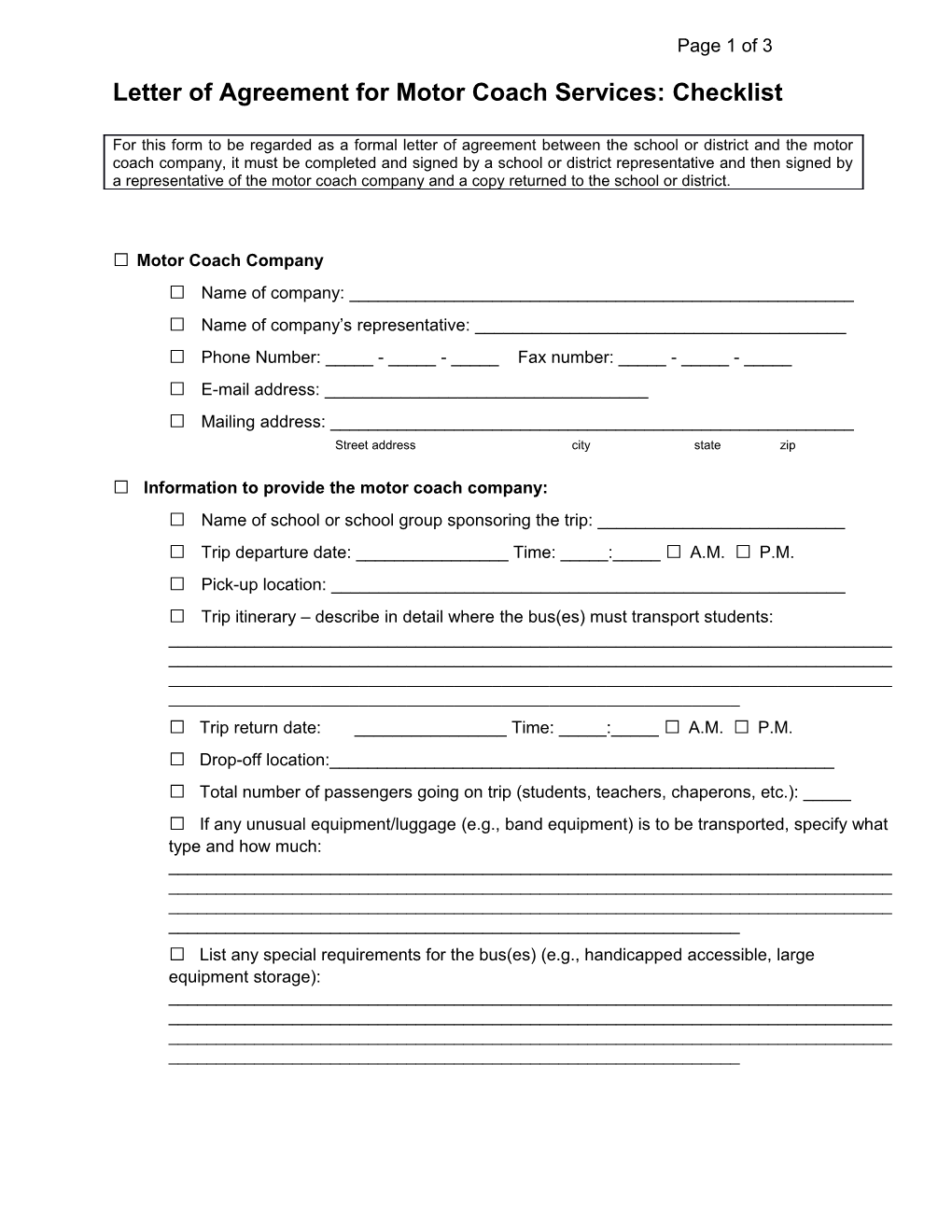 Letter of Agreement for Motor Coach Services: Checklist