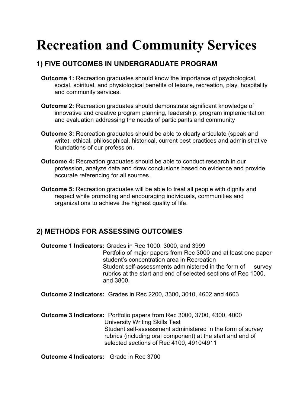 WASC ASSESSMENT SUMMARY: Recreation and Community Services