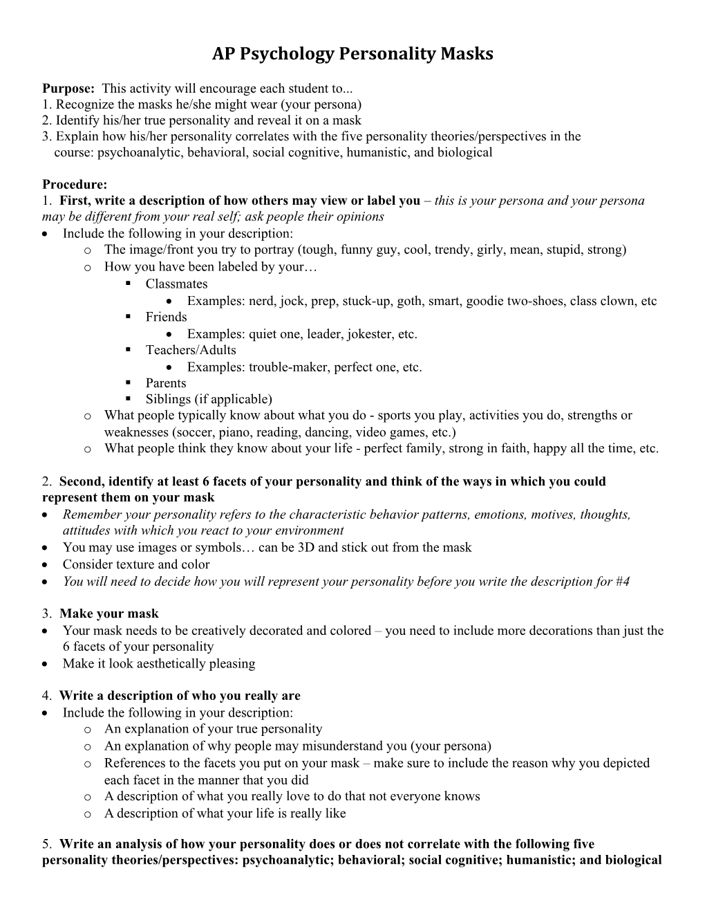 AP Psychology Personality Masks