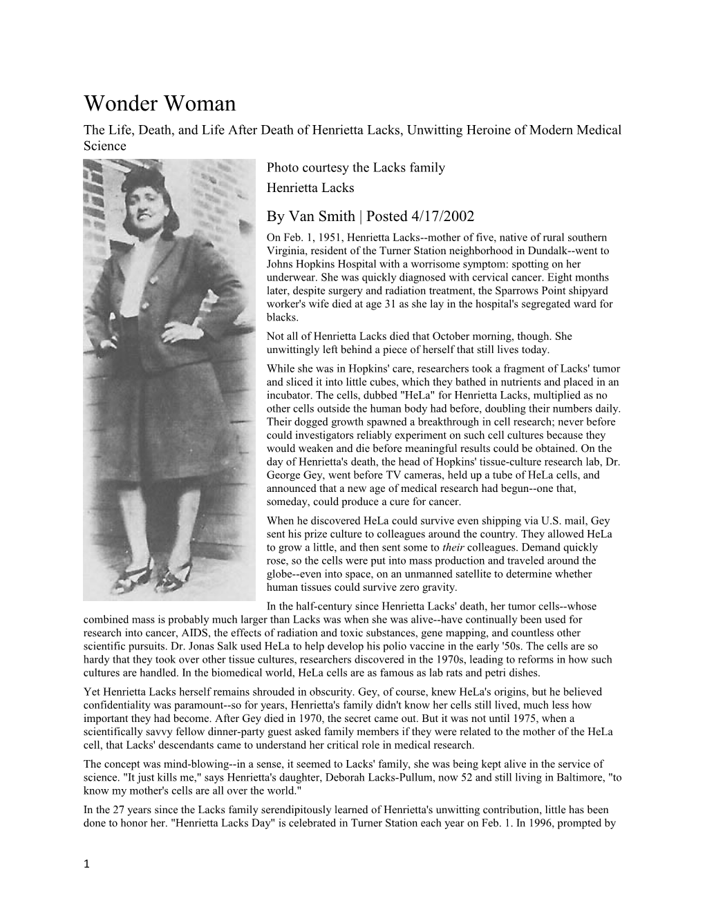 The Life, Death, and Life After Death of Henrietta Lacks, Unwitting Heroine of Modern Medical