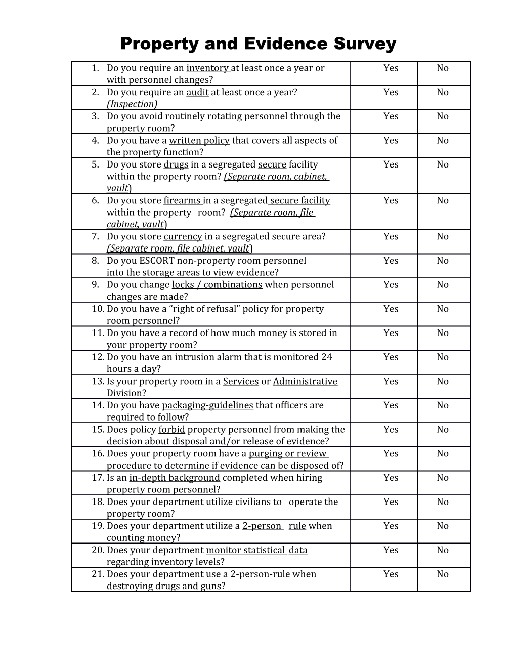 Property and Evidence Survey