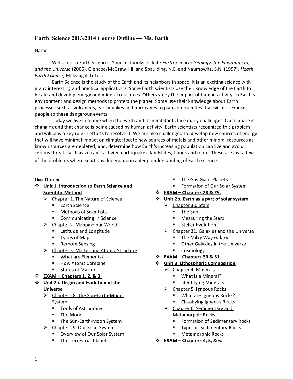 Earth Science 2013/2014 Course Outline Ms. Barth