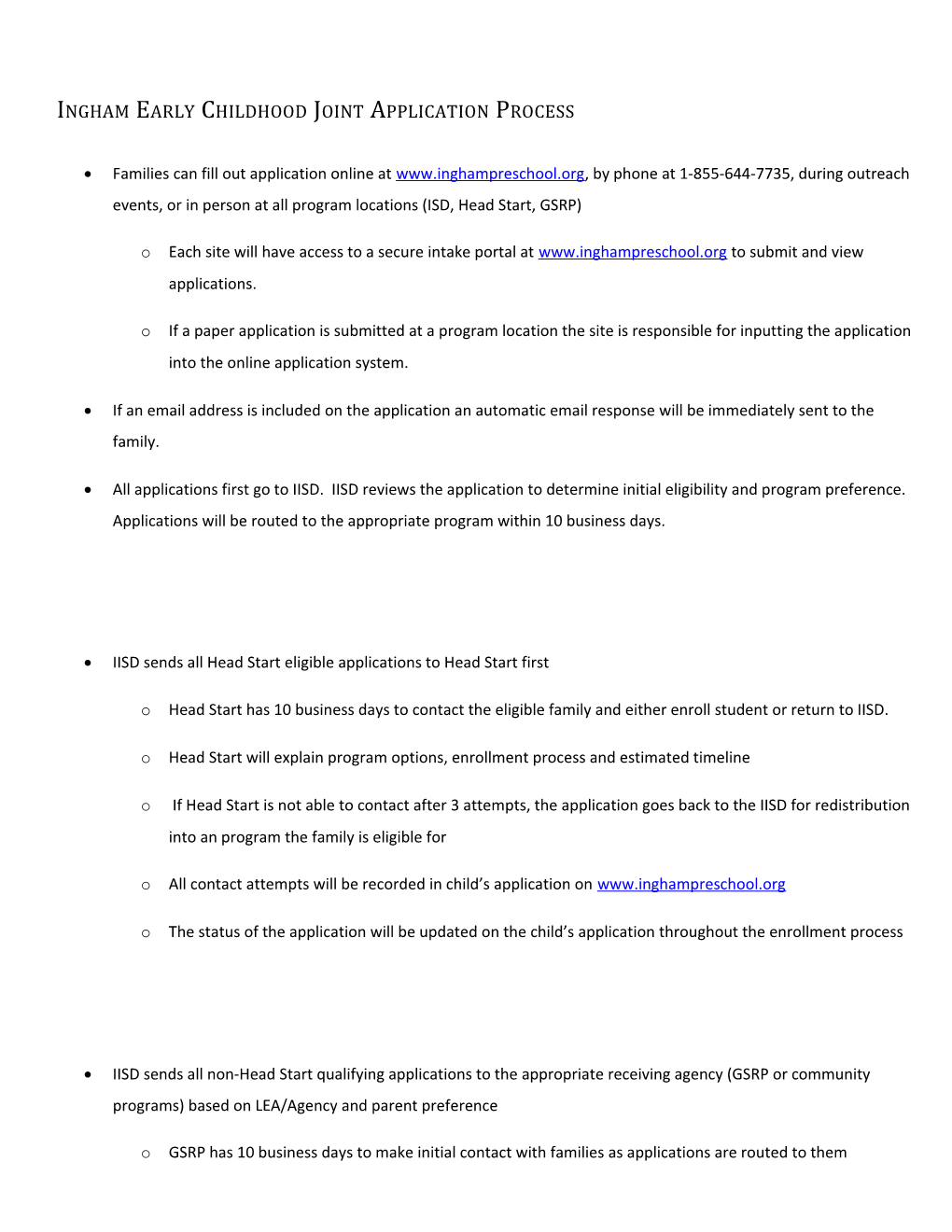 Ingham Early Childhood Joint Application Process