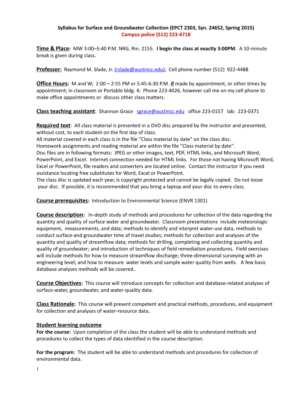 Syllabus for Surface and Groundwater Collection (EPCT 2303, Syn. 24652, Spring 2015)