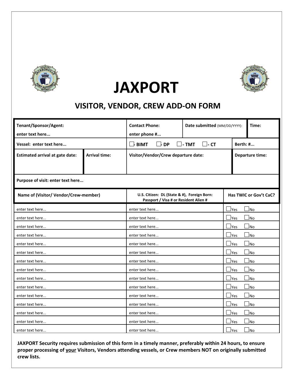 Jaxport , Vendor, Crew Access Form