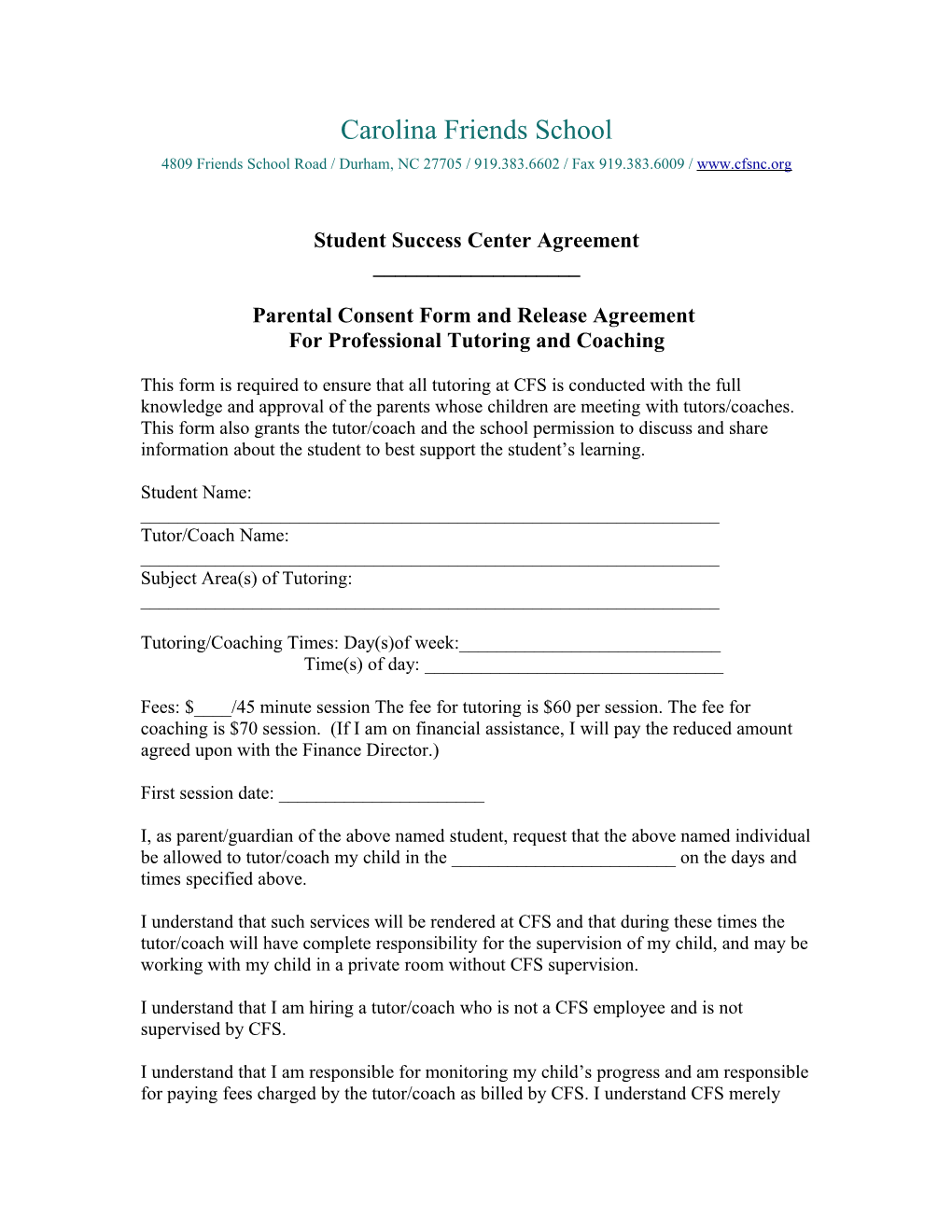 Student Success Center Agreement