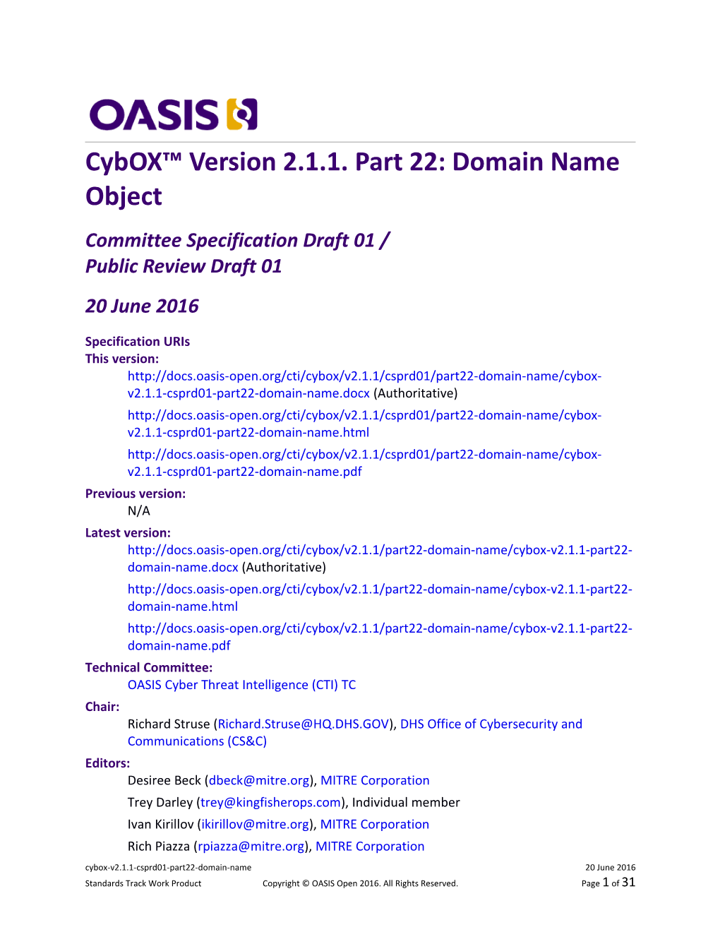 Cybox Version 2.1.1. Part 22: Domain Name Object