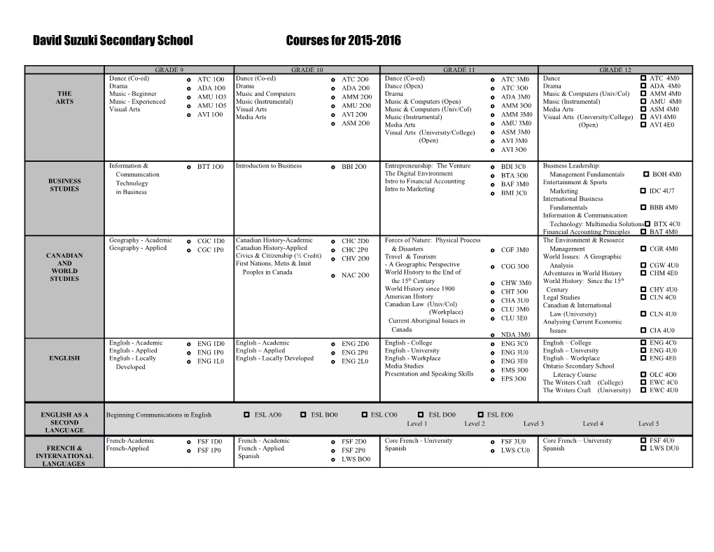 David Suzuki Secondary School Courses for 2015-2016