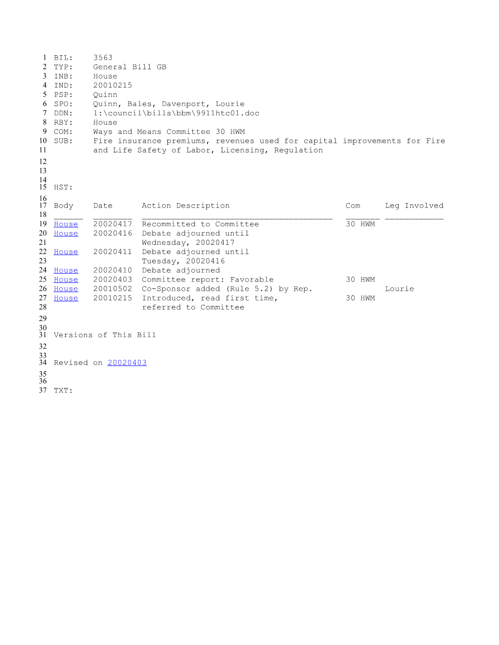 2001-2002 Bill 3563: Fire Insurance Premiums, Revenues Used for Capital Improvements For