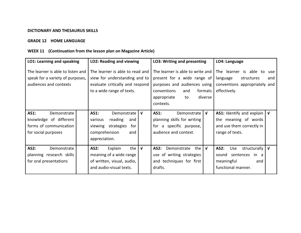 Dictionary and Thesaurus Skills