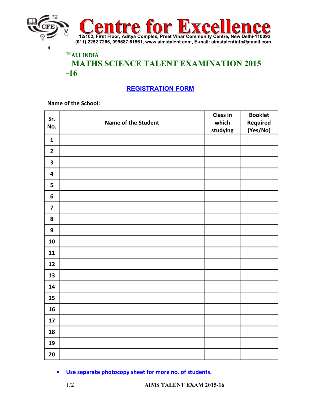Maths Science Talent Examination 2015 -16