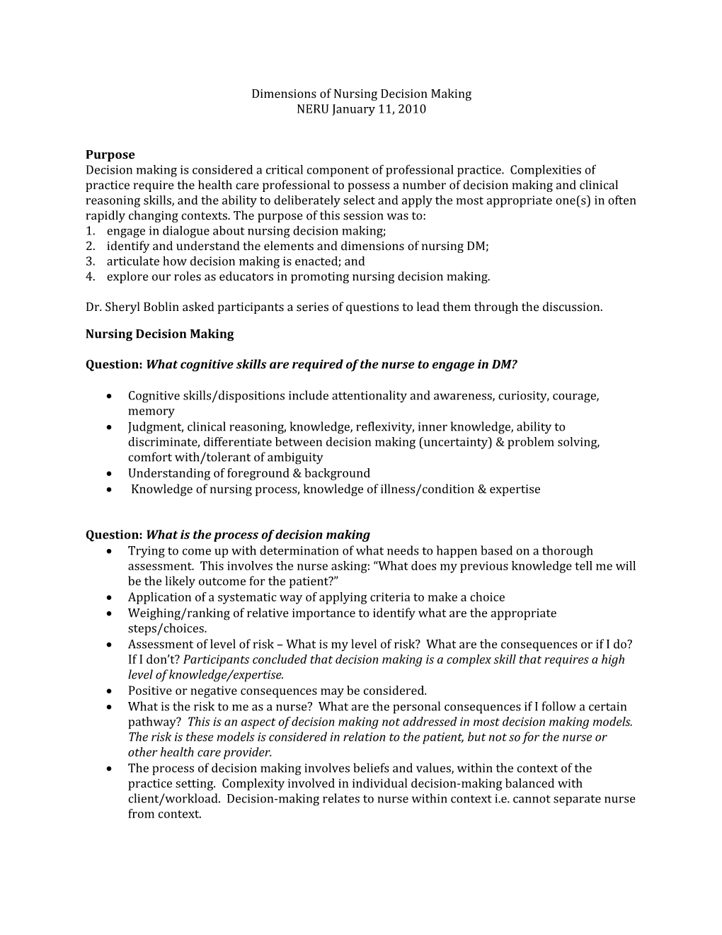 Dimensions of Nursing Decision Making