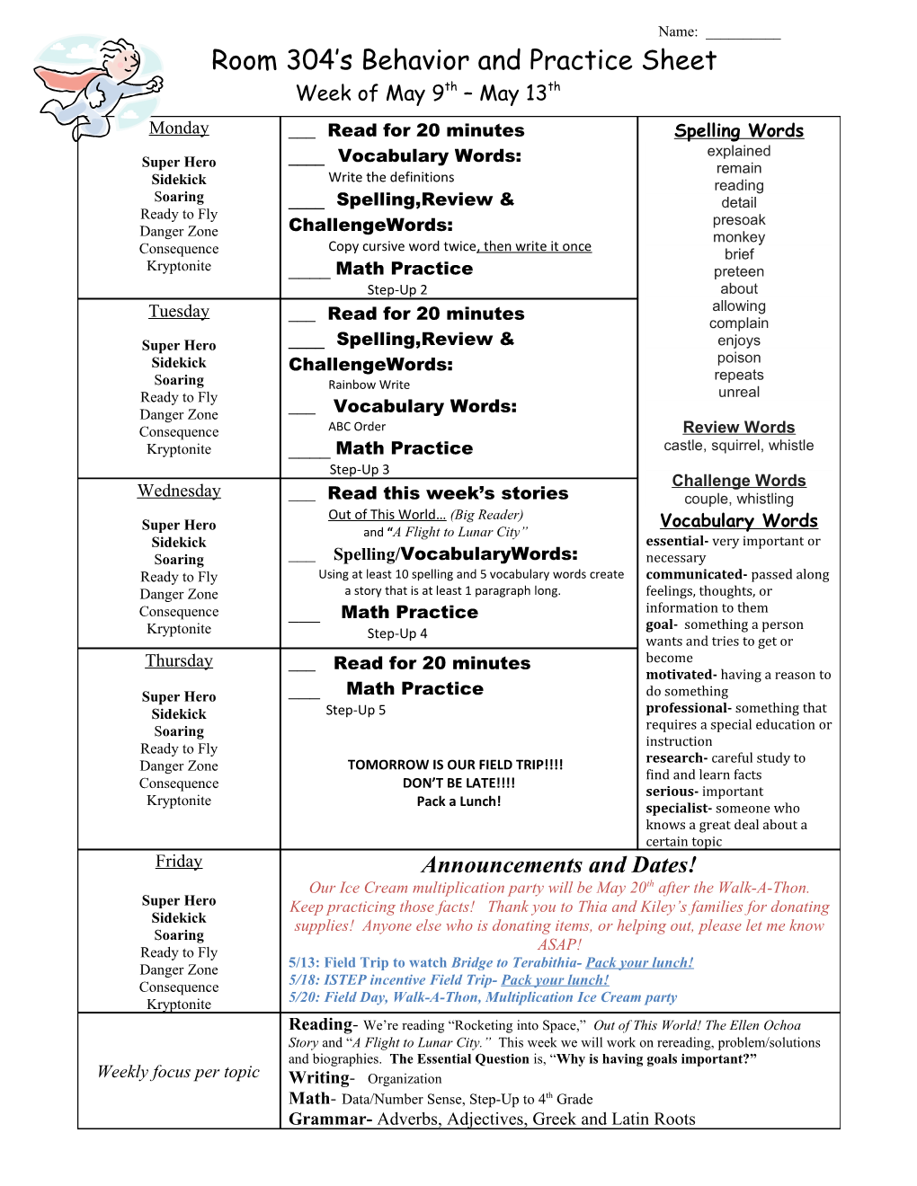 Room 304 S Behavior and Practice Sheet s2