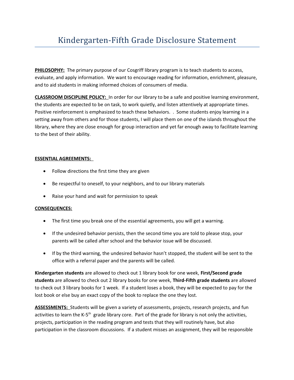 Kindergarten-Fifth Grade Disclosure Statement