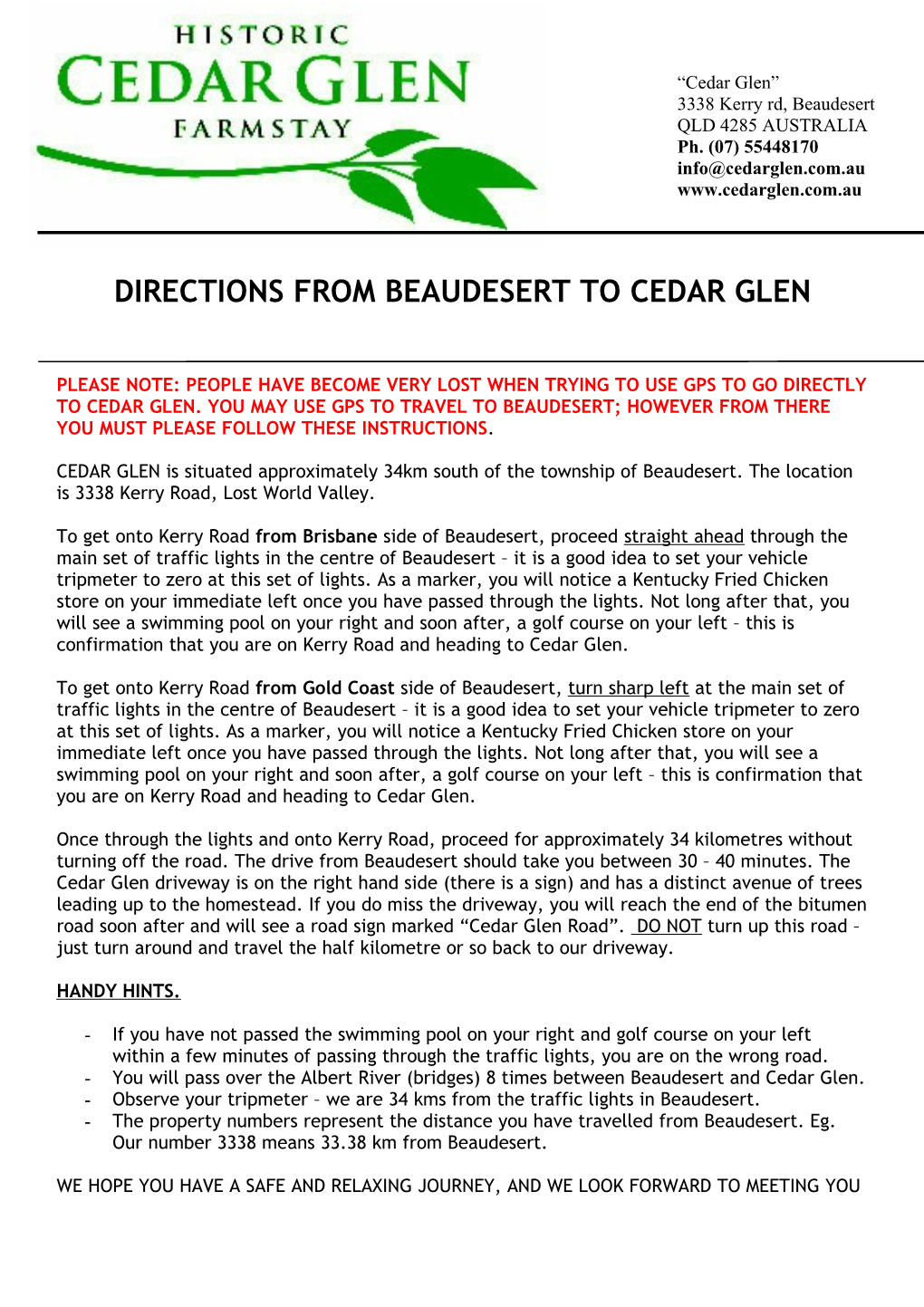 Directions from Beaudesert to Cedar Glen