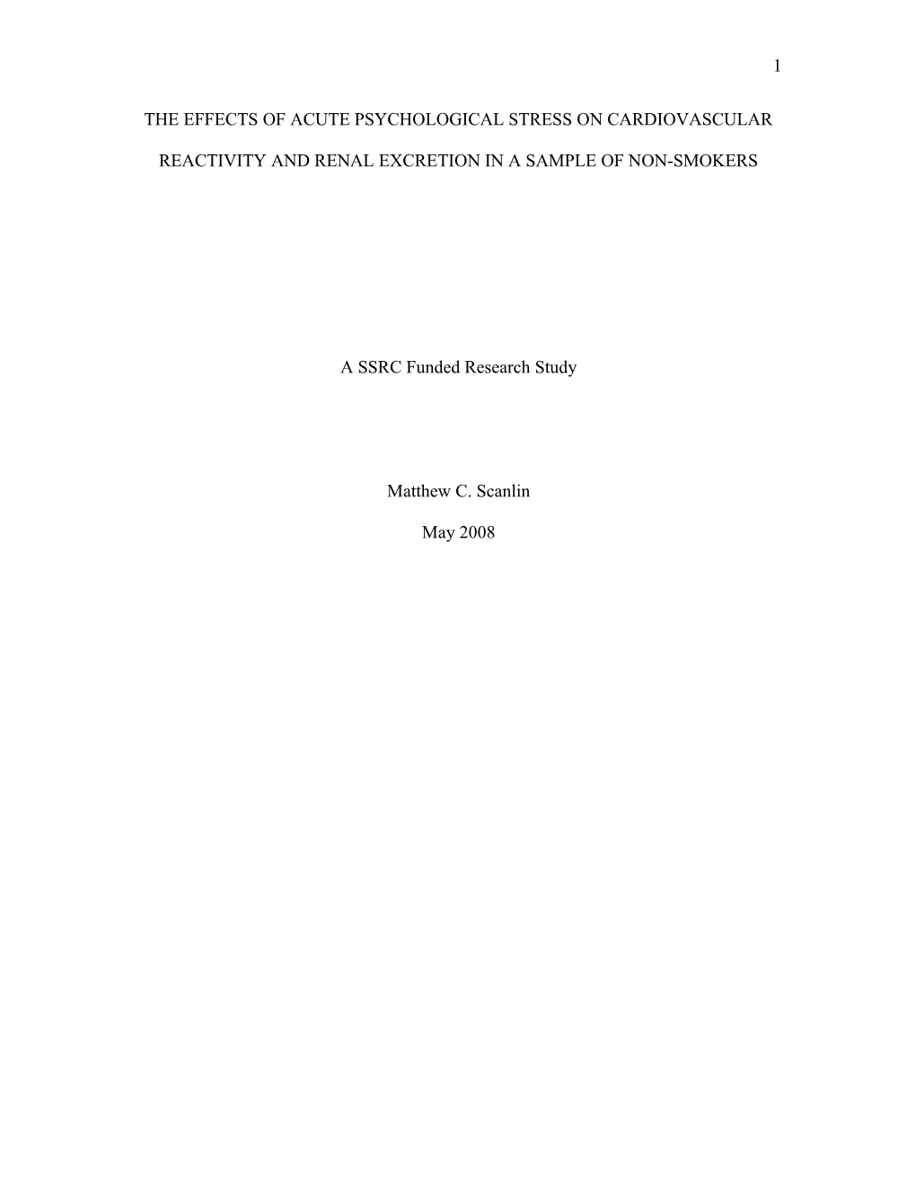 The Effects of Acute Psychological Stress on Cardiovascular Reactivity and Renal Excretion