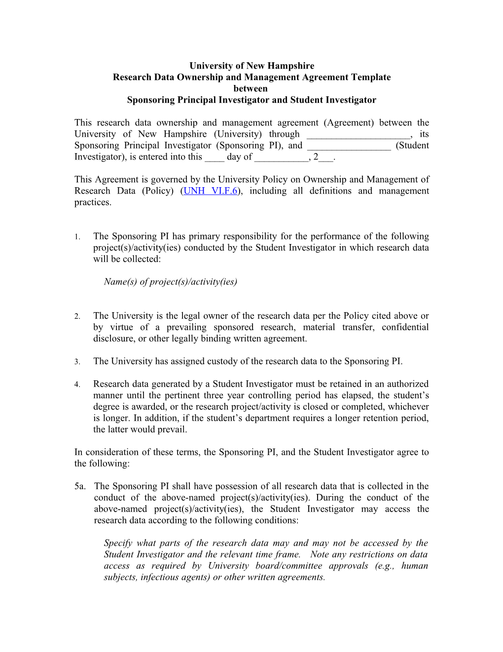 Research Data Ownership and Management Agreement Template