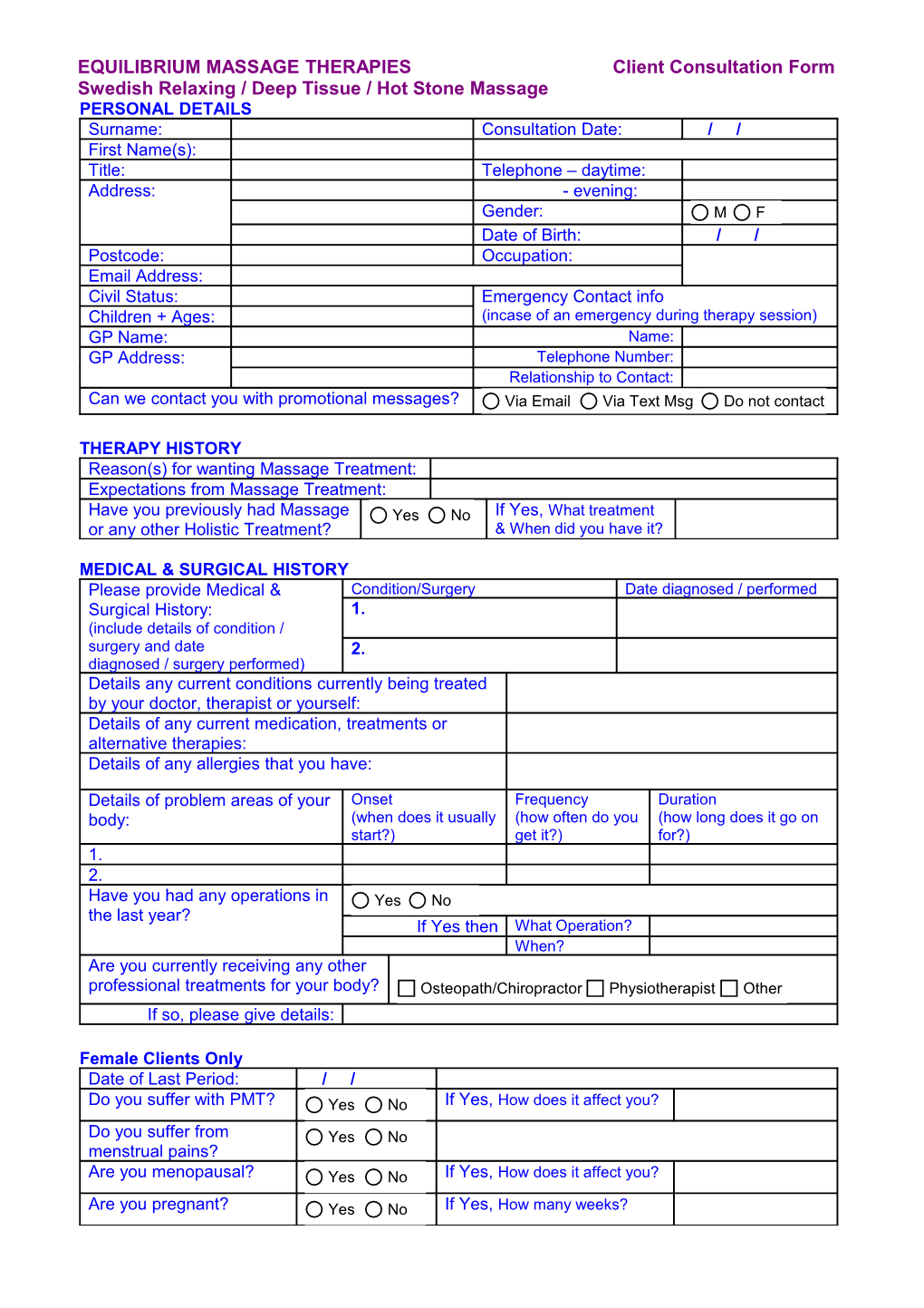 EQUILIBRIUM MASSAGE THERAPIES Client Consultation Form