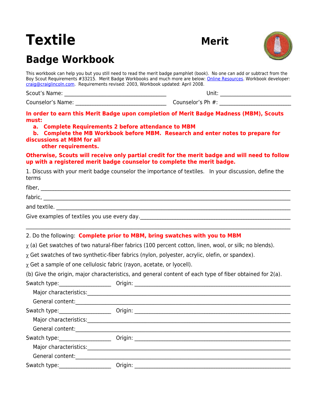 Textile P. 4 Merit Badge Workbook Scout's Name: ______