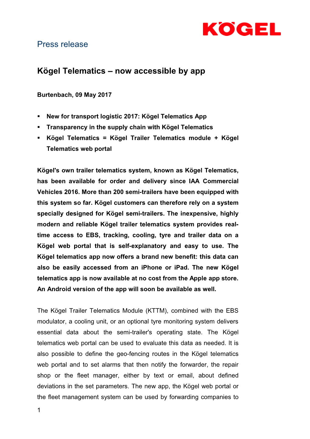 Kögel Telematics Now Accessible by App