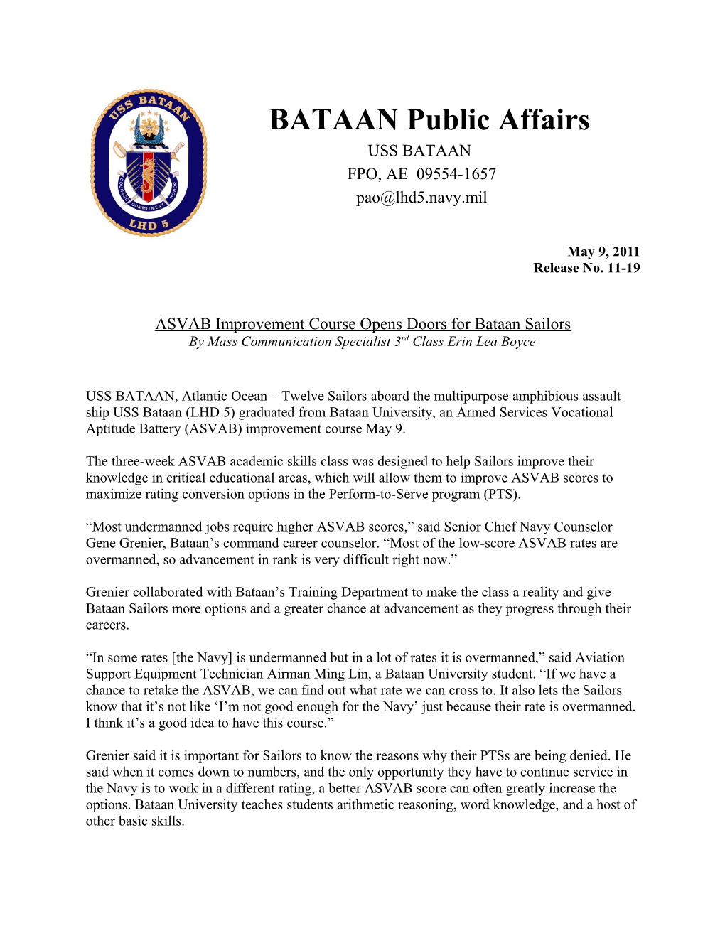 ASVAB Improvement Course Opens Doors for Bataan Sailors
