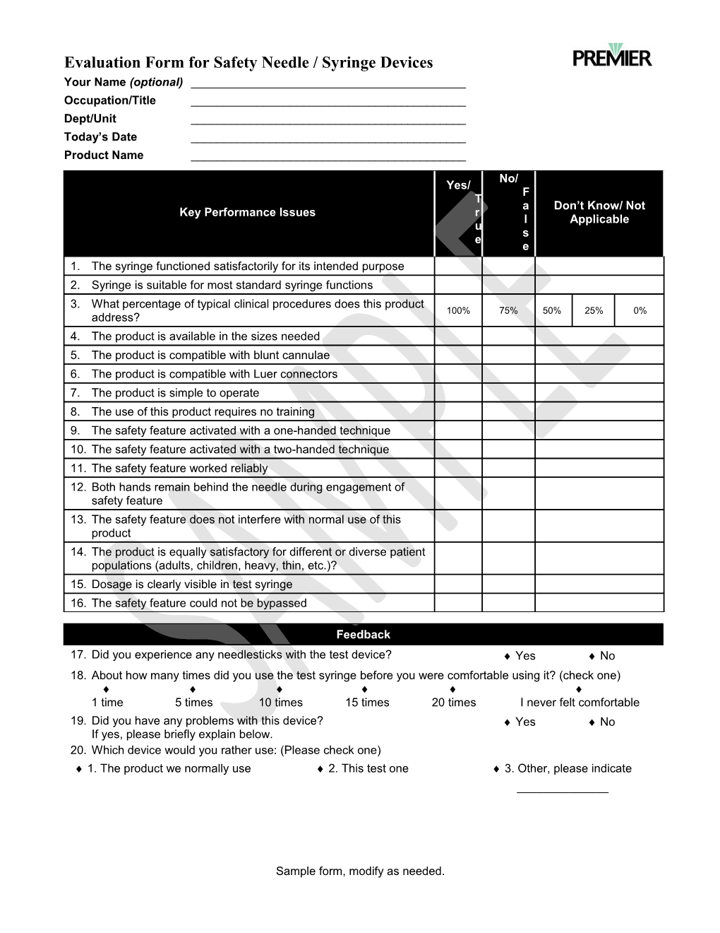 Premier Product Evaluation Form