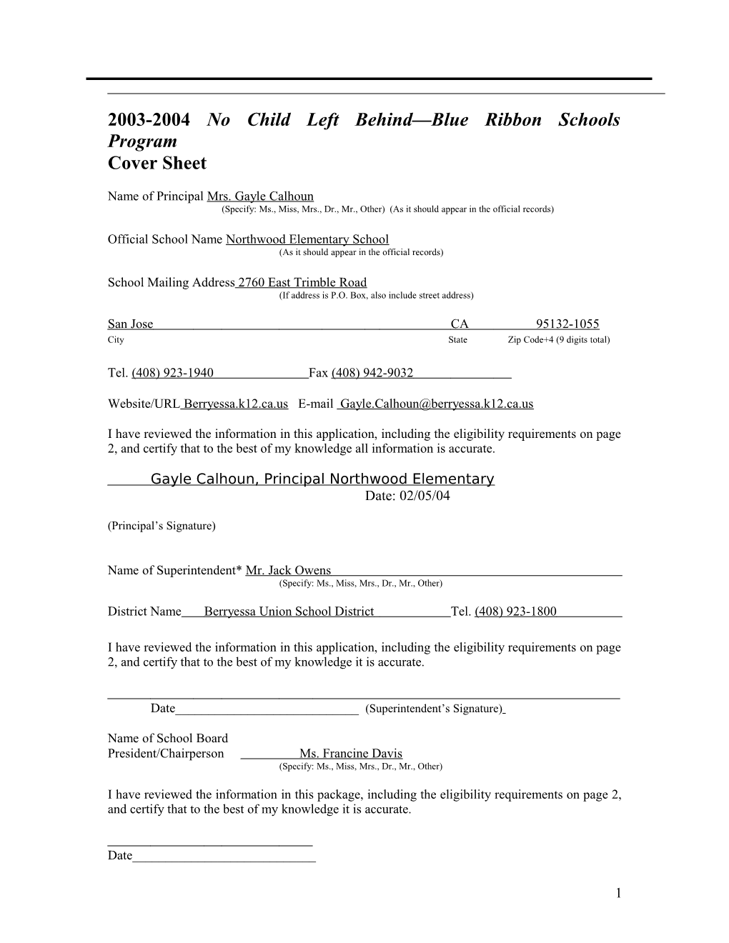 Northwood Elementary School 2004 No Child Left Behind-Blue Ribbon School Application (Msword)