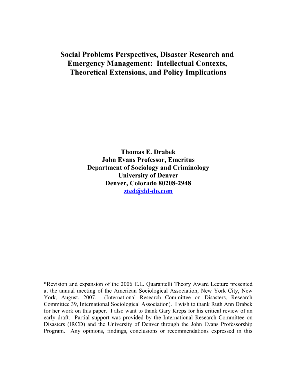 Social Problems Perspectives, Disaster Research And
