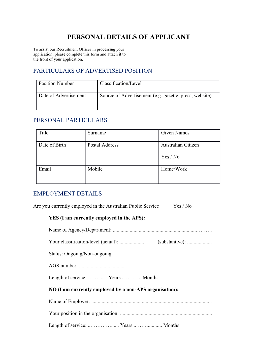 Personal Details of Applicant