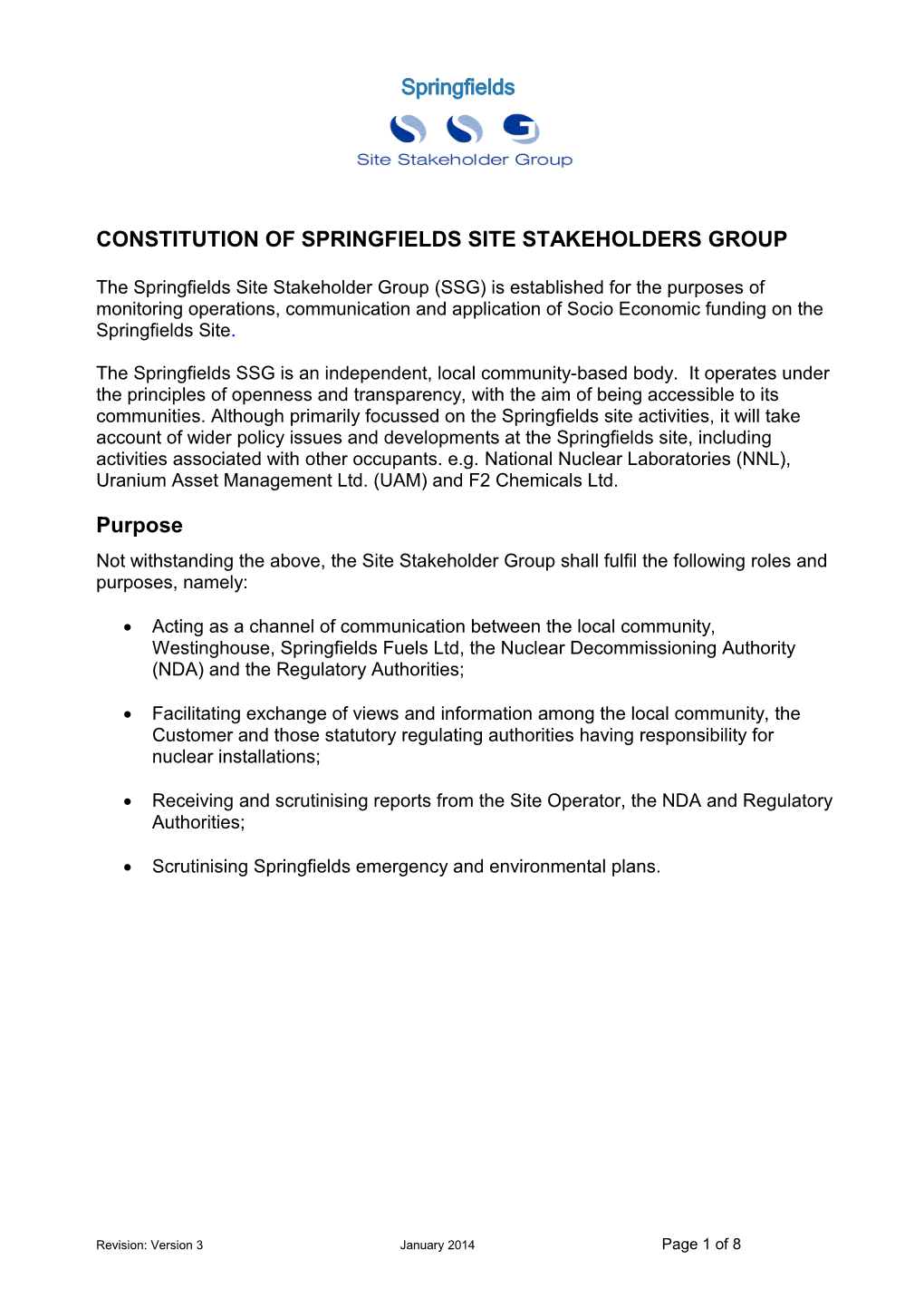 Constitution of Springfields Site Stakeholders Group