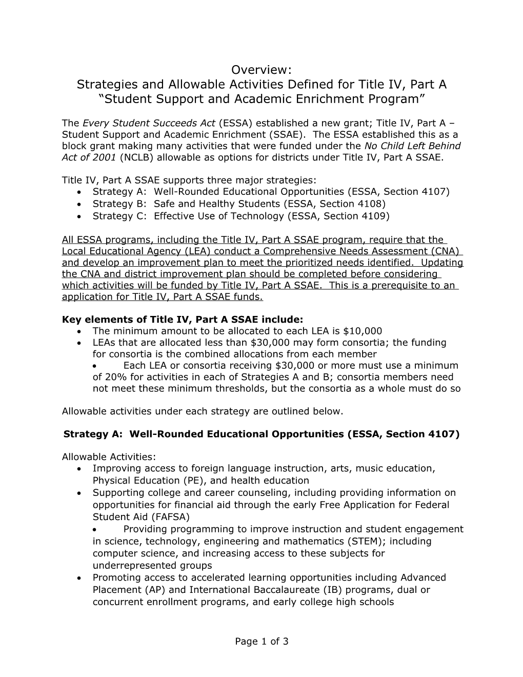 Strategies and Allowable Activities Defined for Title IV, Part A