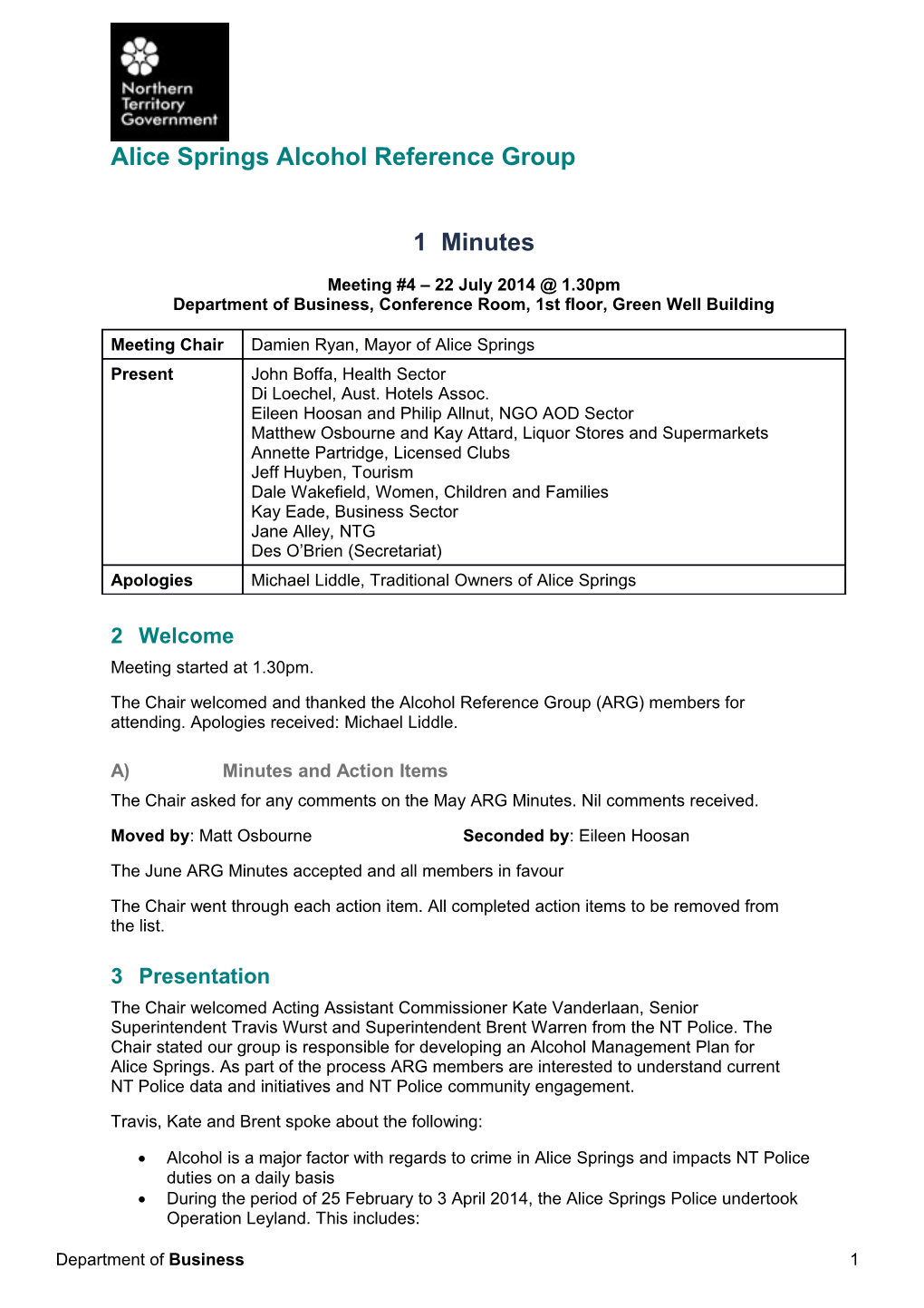 04 Alice Springs Alcohol Reference Group - Meeting 4 Minutes 22 July 2014