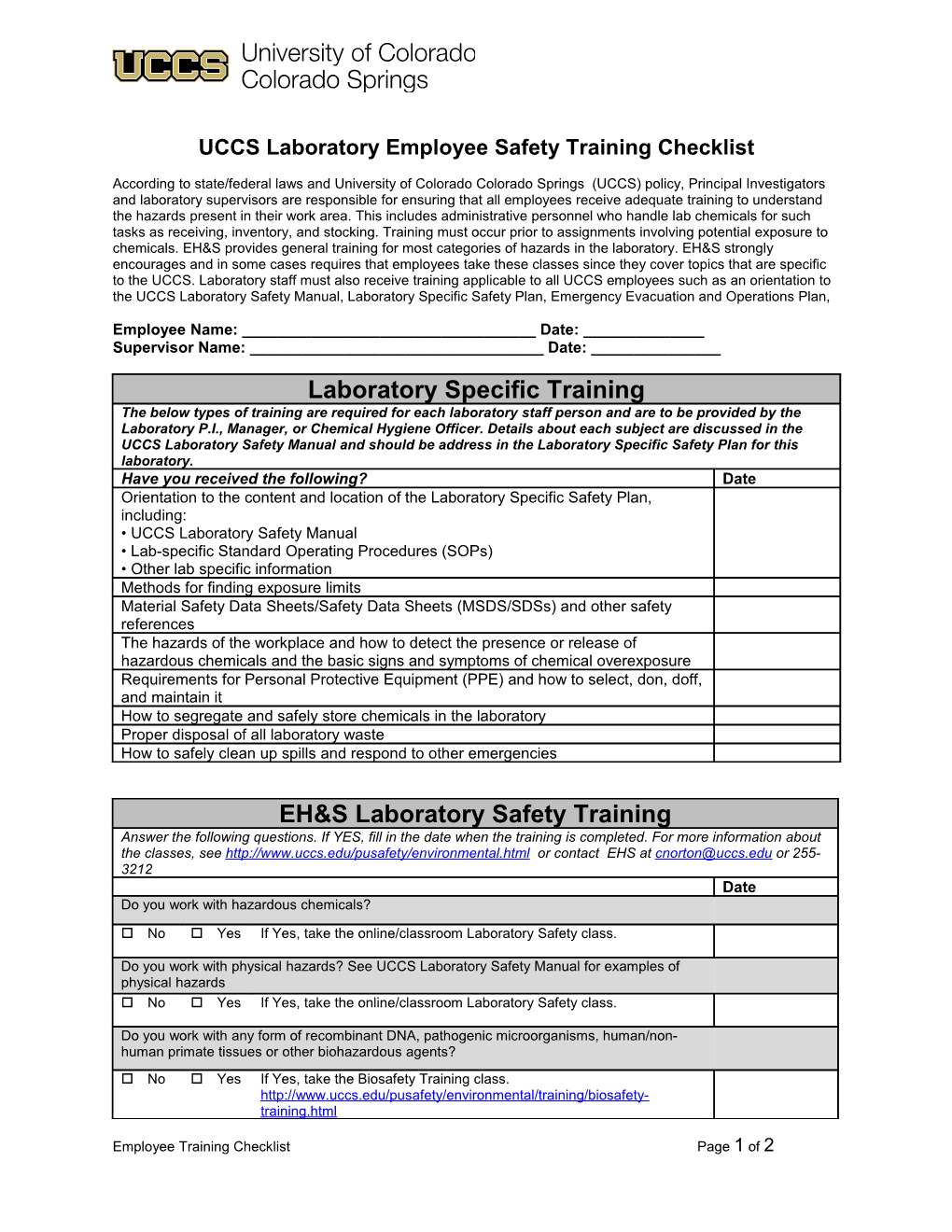 UCCS Laboratory Employee Safety Training Checklist