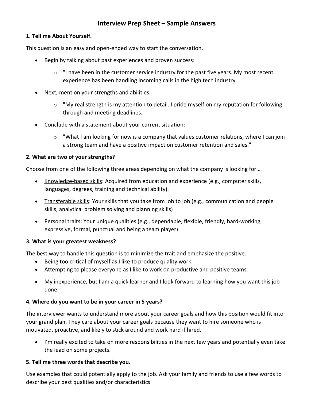 Interview Prep Sheet Sample Answers