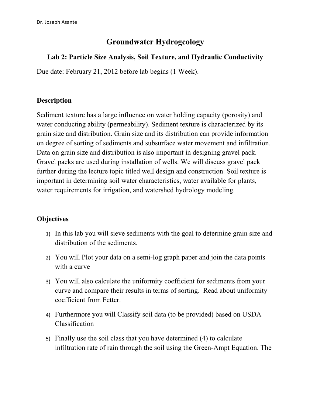 Lab 2: Particle Size Analysis, Soil Texture, and Hydraulic Conductivity