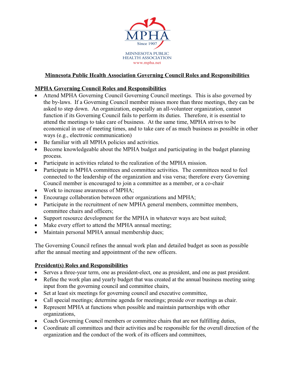 Minnesota Public Health Association Governing Council Roles and Responsibilities