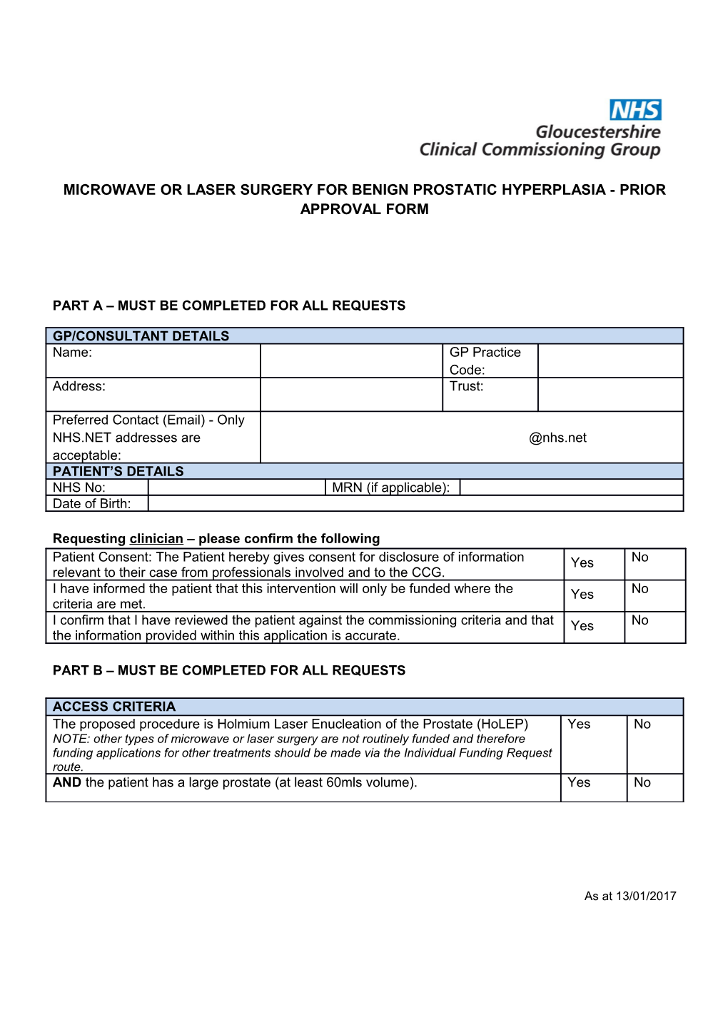 Microwave Or Laser Surgery for Benign Prostatic Hyperplasia -Prior Approval Form