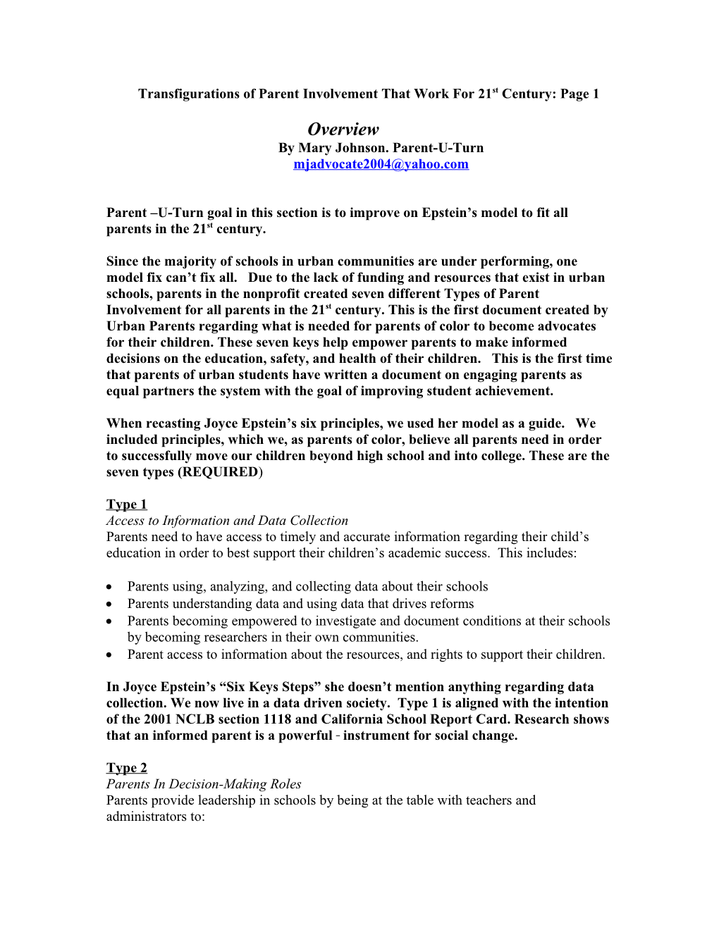 Transfigurations of Parent Involvement That Work for 21St Century: Page 1