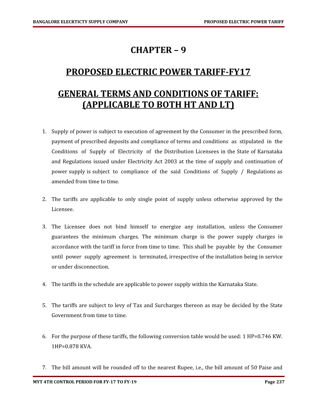 Bangalore Elecrticty Supply Company Proposed Electric Power Tariff