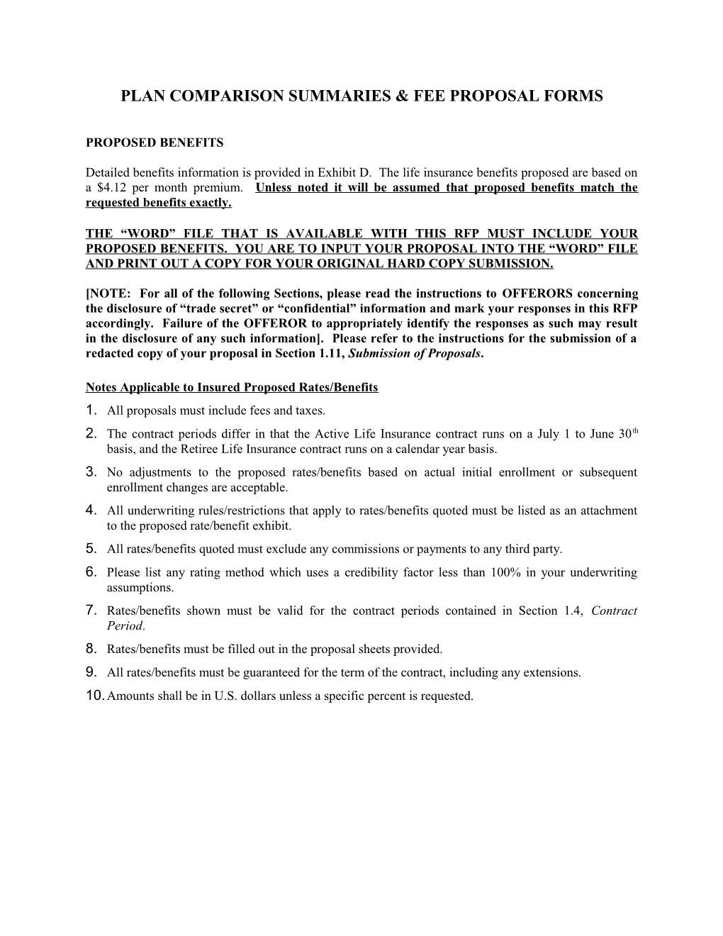 Plan Comparison Summaries Fee Proposal Forms